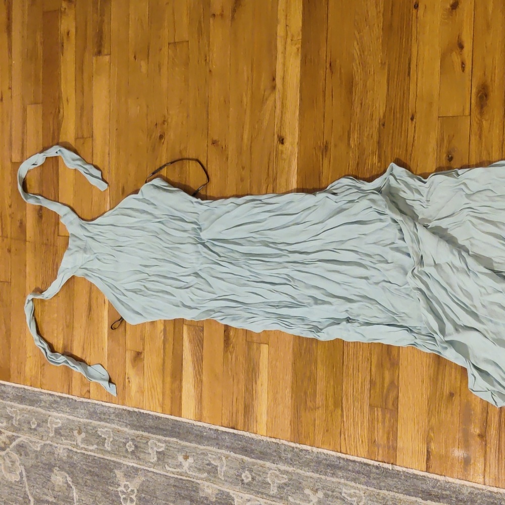 NWOT satin-style light blue halter dress with slit